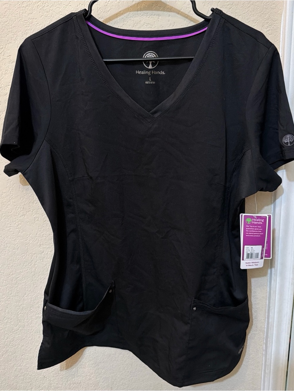healing hands Black V-Neck Short Sleeve Scrub Top with Purple Trim